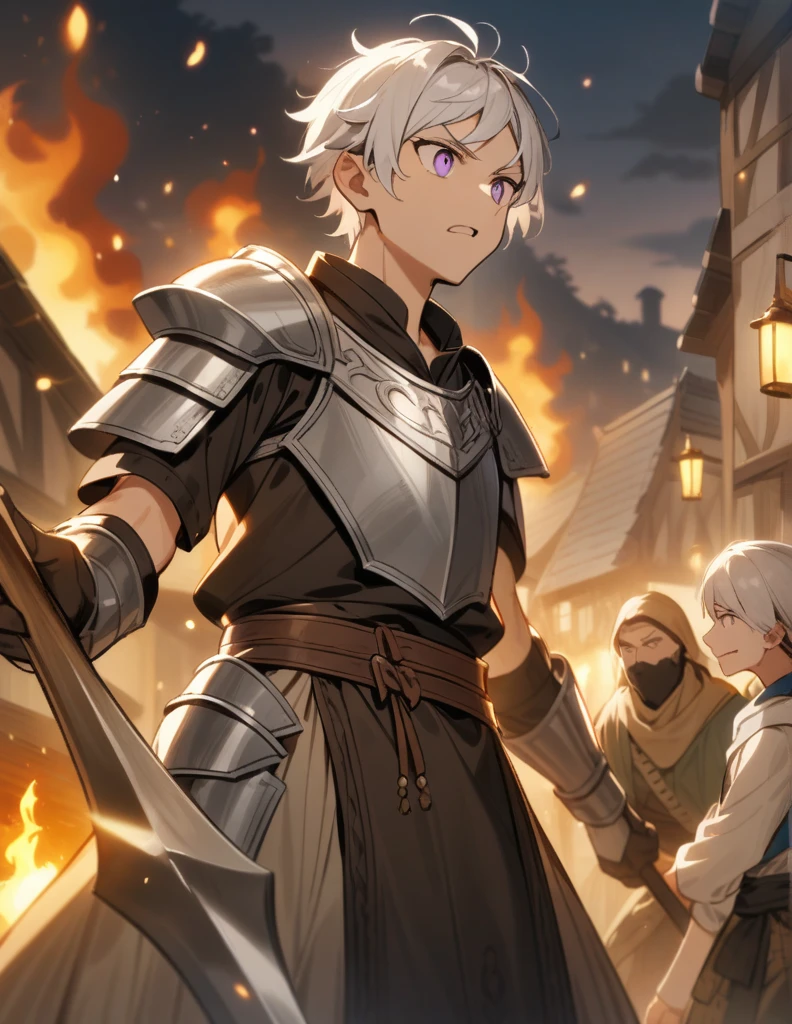 small Greek boy with white hair, violet eyes, wearing peasant clothes, furiously spearing a knight in silver armor in a burning village
