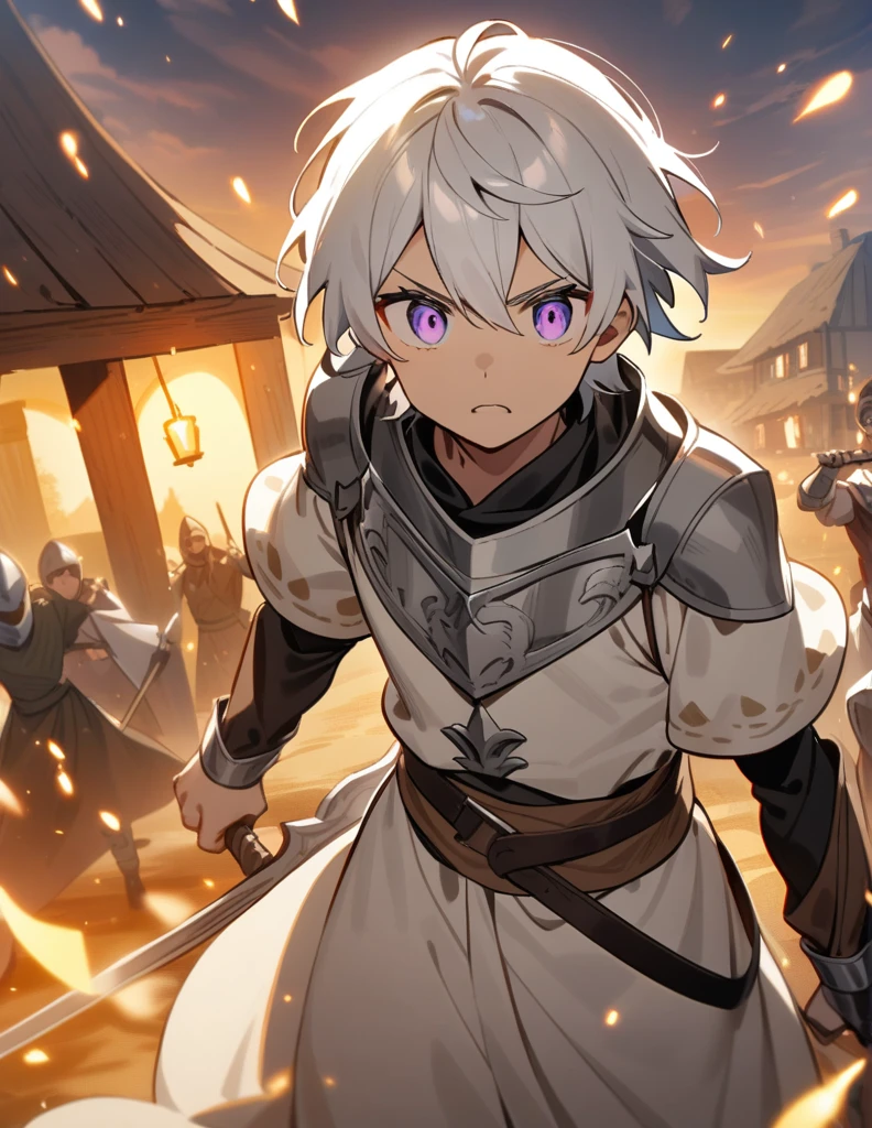 small Greek boy with white hair, violet eyes, wearing peasant clothes, furiously spearing a knight in silver armor in a burning village