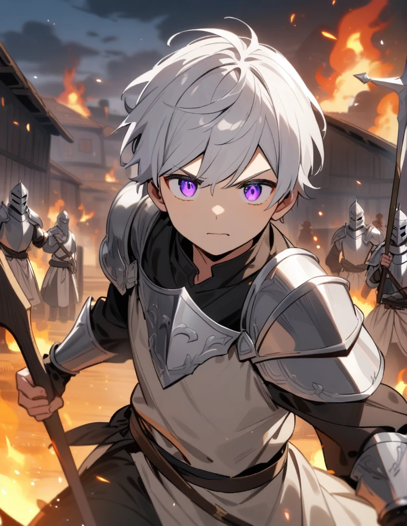 small Greek boy with white hair, violet eyes, wearing peasant clothes, furiously spearing a knight in silver armor in a burning village