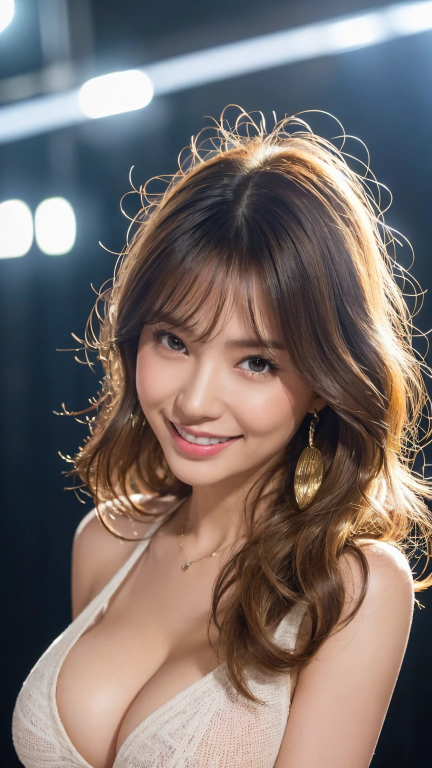 ((masterpiece)), ((best quality)), (ultra-detailed), a pretty woman, 25years old ,solo, beautiful light brown hair, long hair , ((beautiful eyes)), long brown hair, wavy hair, necklace, standing, (((gigantic natural breasts,))) gigantic breasts,(Highly quality, masterpiece, detailed), ((Realistic lighting, Best quality, 8K, Masterpiece: 1.3)), Clear focus: 1.2, 1girl, Perfect Figure: 1.4, Slim Abs: 1.1, ((Dark brown hair)), Super fine face, Fine eyes, Double eyelids, (((massive natural breasts))), (((view from the front))), (((long wavy hair blowing in the wind))), (((innocent face))), (((massive natural breasts))), (((long wavy hair blowing in the wind))), (((sexy face))), (((massive natural breasts))), (((smiling))) (((massive natural breasts))), (((massive natural breasts))), (((sexy face))), (huge-breast:1.6), Soft big、large, soft sagging breasts,,,,,,,,,,,,,,,,,,,,,,,,,,,,,,,,,,,,,,, splash detailed, surreal dramatic lighting shadow (lofi, analog), kodak film by Brandon Woelfel Ryan McGinley, (((long blond hair))) The expensiveest quality, masterpiece, formal, Horror movie-like writing、(Key Light:Front 45 degree angle, Subsidy light、Backlight、Shadow、Blue and orange color palette), Accurate human body、Someone knowledgeable、Correct five-finger、(((closeup))) (Dripping Sweat、Oilskin,Shine Skin、Realistic skin texture、Beautiful skin in every detail、Shiny skin、Shiny skin) (Mature women lined up and lined up towards your gaze:1.4), (Detailed pupil, Perfect Eyes:1.2), (Shiny clothes that reflect light and have many wrinkles:1.2), Shine, Shiny gold, (Hoop Earrings), necklace, latex, Glamorous and perfect female proportions, Captivating smile, fine surface texture, beautiful girl, Captivating woman、short hair、Black hair and bright inner color hair、expensive 、(((Big Breasts))), Big cleavage、back alley at night、Roads without lights、Dark and dirty narrow alley、gallons of 1、(knitting knit, cut out ,Solid Knit V-Neck Bodycon Sweater Knit Dress & Super Crop Top)
