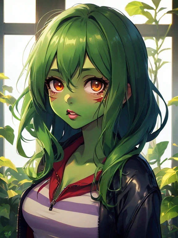 (Plants vs. Zombies), ゾンビ化, (プラント vs. ゾンビ), (masterpiece), highest quality, 1girl, uhd, retina, masterpiece, ccurate, anatomically correct, textured skin, super detail, high details, high quality, best quality, highres, 4K