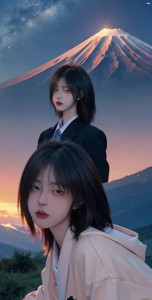 1 girl, giant girl, giants girl, giant girl standing in the mountains, black suit with tie, looking in the front, A huge girl that is much bigger than a skyscraper, standing in the mountains, a girl more tall than Mountain, ridge, Bird's eye view, sci fi mountain, big mountain, mountain, blue mountain,night with moon in the sky, Master Parts、Superior Quality、superior image quality、The 8k quality、Beautiful pictures of the starry sky、magnifica、(Mt fuji:1.25)、dramatic cloud:1.5、Evening glow:1.9