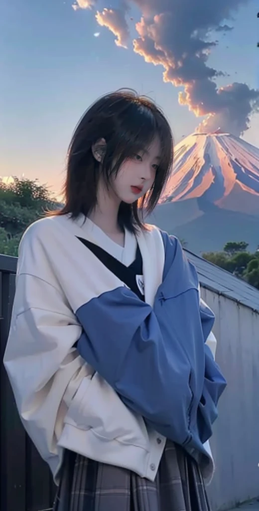 1 girl, giant girl, giants girl, giant girl standing in the mountains, black suit with tie, looking in the front, A huge girl that is much bigger than a skyscraper, standing in the mountains, a girl more tall than Mountain, ridge, Bird's eye view, sci fi mountain, big mountain, mountain, blue mountain,night with moon in the sky, Master Parts、Superior Quality、superior image quality、The 8k quality、Beautiful pictures of the starry sky、magnifica、(Mt fuji:1.25)、dramatic cloud:1.5、Evening glow:1.9