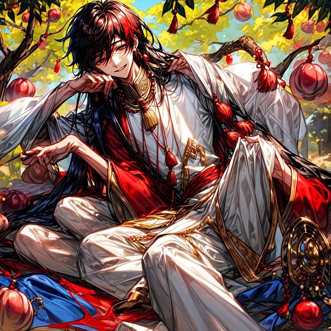 The exquisite boy lies under a peach tree, covering his face with a fan, only half of his face is exposed, smiling gently, with long hair, a red tassel earring on the right, and an earring on the left. Ancient style 