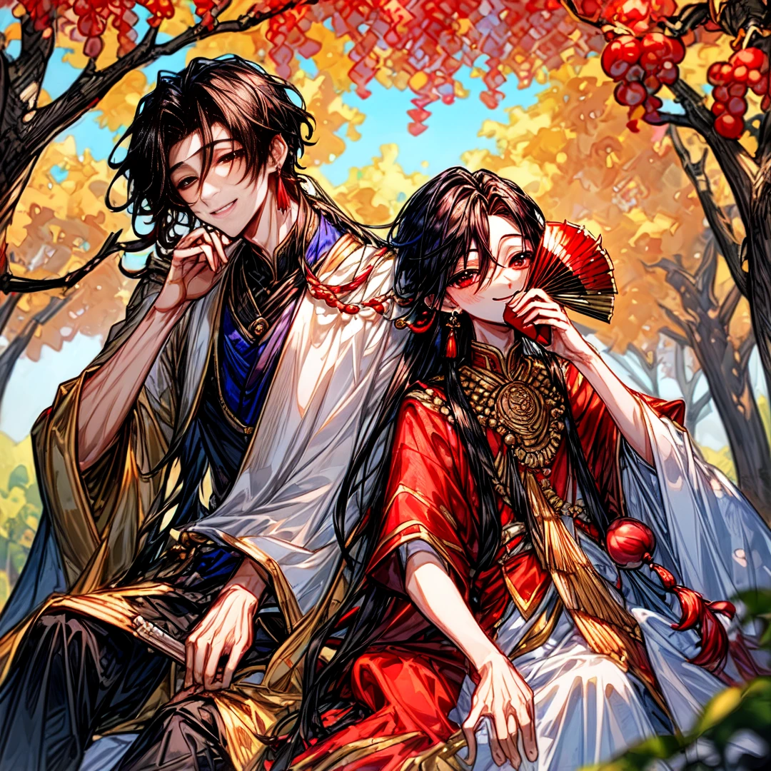 The exquisite boy lies under a peach tree, covering his face with a fan, only half of his face is exposed, smiling gently, with long hair, a red tassel earring on the right, and an earring on the left. Ancient style 