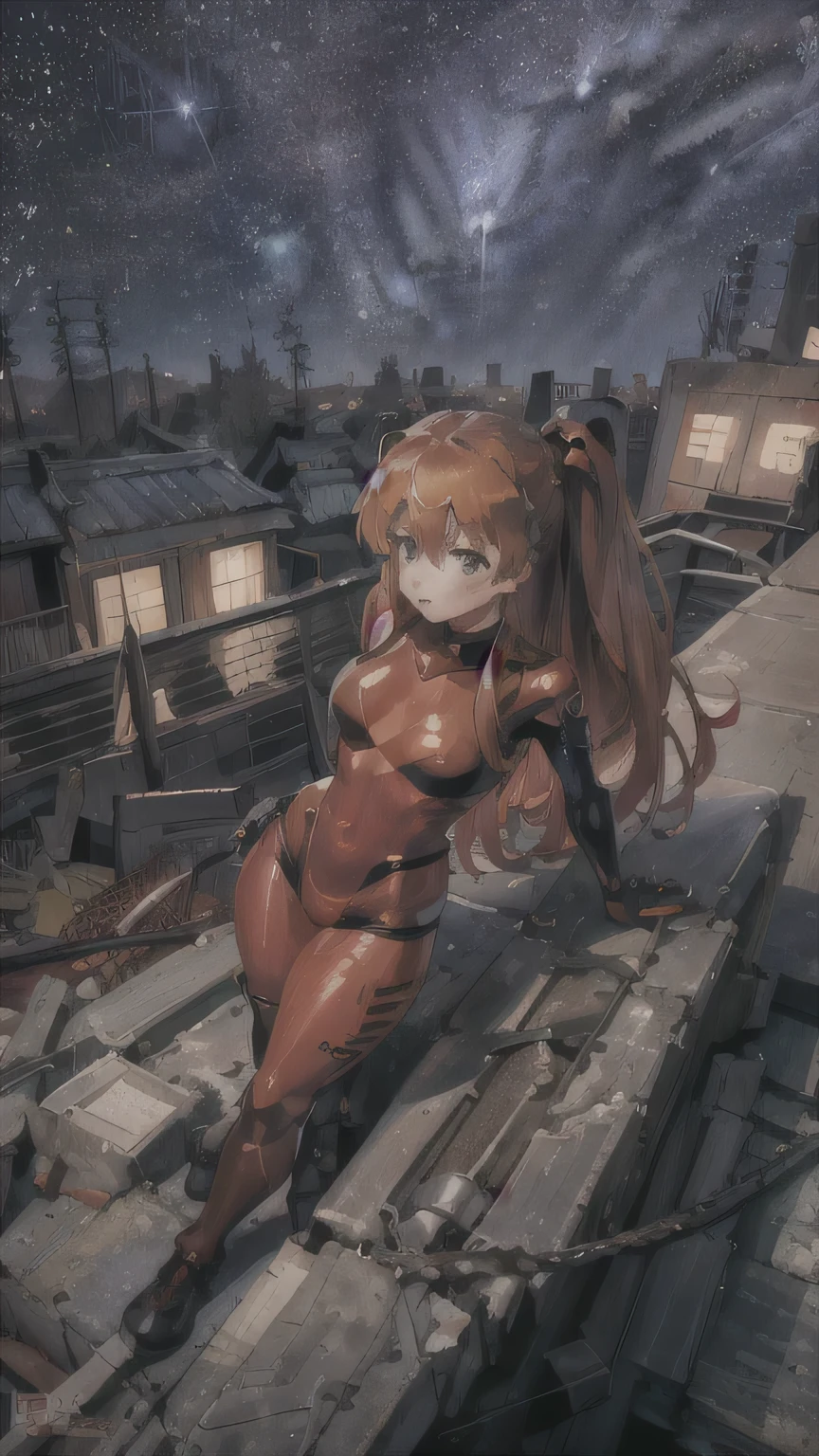 From above, Wide-angle shot,  Soryu Asuka Langley, Interface Headset, Red bodysuit, stand on top of the building, Post-apocalyptic, Destroyed Tokyo, Tokyo, (Starry Night:1.3)  ,,Night view