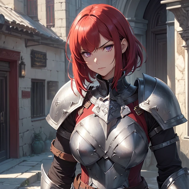 (absurdres, high fantasy artwork, best high quality image, carefuly detailed, very detailed features and textures)
{{1character: 17 years old barbarian girl, (scarlet red red short hair), (purple eyes with black pupils), (very thin lips, white skin), (she wears: full bulky heavy knight armor, full bulky shoulder plates, full armored bulky armored breast plate armor, full gauntlets plates, full armored elbow plates, full armored hip plates, full plate boots), (her weapon: big broad sword), (she looks: Confident pose, very serious face, no sense of humor), (Scenery: medieval irish street celtic forniture)}}