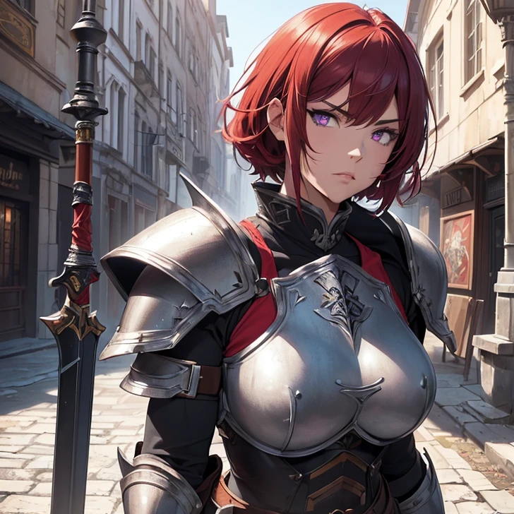 (absurdres, high fantasy artwork, best high quality image, carefuly detailed, very detailed features and textures)
{{1character: 17 years old barbarian girl, (scarlet red red short hair), (purple eyes with black pupils), (very thin lips, white skin), (she wears: full bulky heavy knight armor, full bulky shoulder plates, full armored bulky armored breast plate armor, full gauntlets plates, full armored elbow plates, full armored hip plates, full plate boots), (her weapon: big broad sword), (she looks: Confident pose, very serious face, no sense of humor), (Scenery: medieval irish street celtic forniture)}}