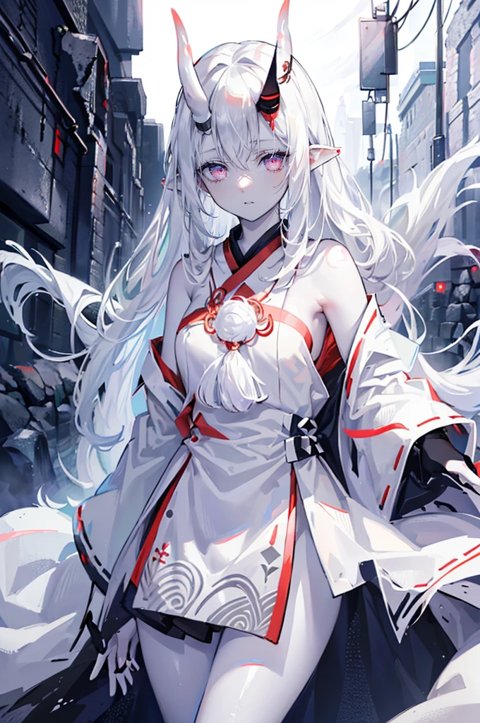 (masterpiece,best quality,ultra-detailed),1girl, white hair, pointy ears,beautiful and detailed face, detailed eyes,looking at viewer, white skin,(oni horns),white miko clothes,((grey theme),pale skin, glowing eyes,in a dark cave,