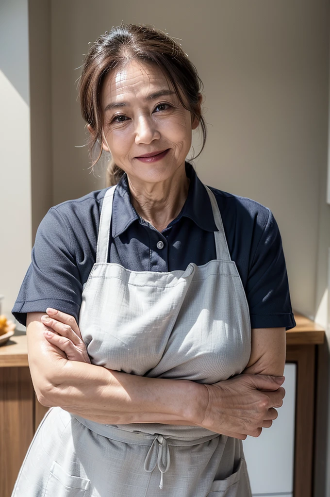 (masterpiece:1.4),(60-year-old woman:1.5),(facial wrinkles 1.2), (hair tied up : 1), A kind smile,maternal, Mature Woman, (white apron : 1.3), (short sleeve collared uniform : 1.2), acnes, skin blemishes, fleckles,(plump arms : 1.3), kitchen