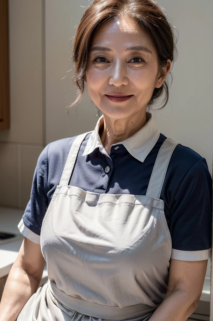 (masterpiece:1.4),(60-year-old woman:1.5),(facial wrinkles 1.2), (hair tied up : 1), A kind smile,maternal, Mature Woman, (white apron : 1.3), (short sleeve collared uniform : 1.2), acnes, skin blemishes, fleckles,(plump arms : 1.3), kitchen