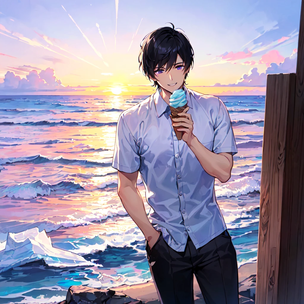 masterpiece,best quality,high quality,(1 male austere handsome solo adult age 30 years old:1.5), purple eyes, cool with suspended eyes, V-shaped eyebrows, body strong and fearless 8.5 head tall, height 185cm, (well-groomed black short hair down to neck:1.4), (bangs 7 thirds parted:1.4), slender nose, facial muscles, throat, (short-sleeved shirt and pants:1.3), (eating with soft ice cream), (stylish pose), (cool smile:1.3), (background ocean beach:1.3), (sunset:1.3)