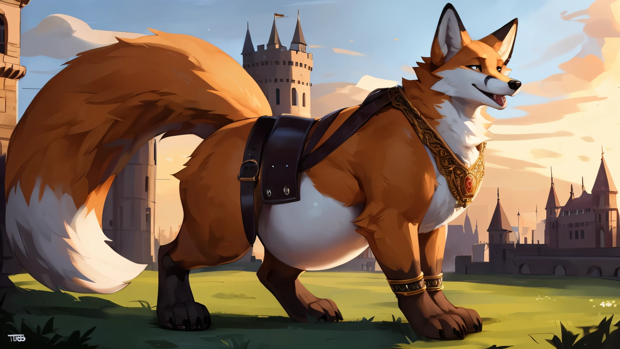 4k ultra quality, 4k full body view,ultra high detailed body,singo person,feral fox, detailed body, white belly fur, ((round feral belly)), enormous belly, enormous body,by mystikfox61, by glitter trap boy, by bebebebebe,by morethreedee, by seibear,(thick thigh),(chubby thigh),thicc thigh,thick legs,chubby legs,thicc legs,massive butt,enomorous thigh,massive thigh,massive legs,(detailed thigh),(wide thigh),thick butt,fluffy belly,furry belly,sharp nails,((sfw)),(ultra detailed face),ultra detailed eyes,cute face,(golden fur),mouth open,big tail,fluffy tail,(detailed tail),enomorous tail,bigger tail,huge tail,bloated feral belly,enomorous thigh,fluffy paws,detailed paws,thick paws,chubby paws,huge paws,big paws,(black paws),bare paws,ornate belts,ornate necklace,golden bracelet,leather belts,multiple belts,beside a castle,mediaeval style,(macro fox)