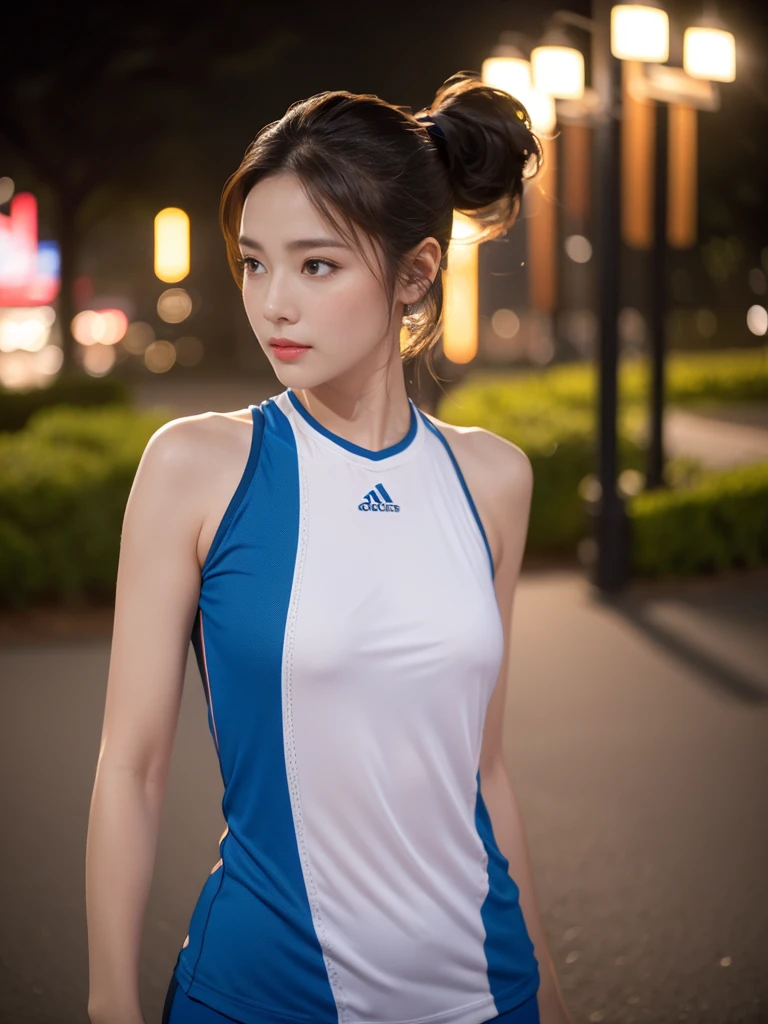 highest quality、4K、Beautiful lady、Perfect Face、Perfect Style、Model、perfect body、Sunburn、beautiful lady、mature、ponytail、Swept-back hair、full body, sexy 、charming、healthy、sports wear、at night park