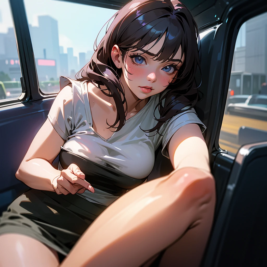 a cute woman, , mini skirt, tube top, sweaty, gaping vagina, disheveled, panties around ankles, licking the cum off her lips, in the back seat of a dirty cab, photorealistic, 8k, high quality, masterpiece, detailed facial features, beautiful detailed eyes, beautiful detailed lips, extremely detailed face, long eyelashes, ultra-detailed, realistic, vivid colors, cinematic lighting, moody atmosphere
