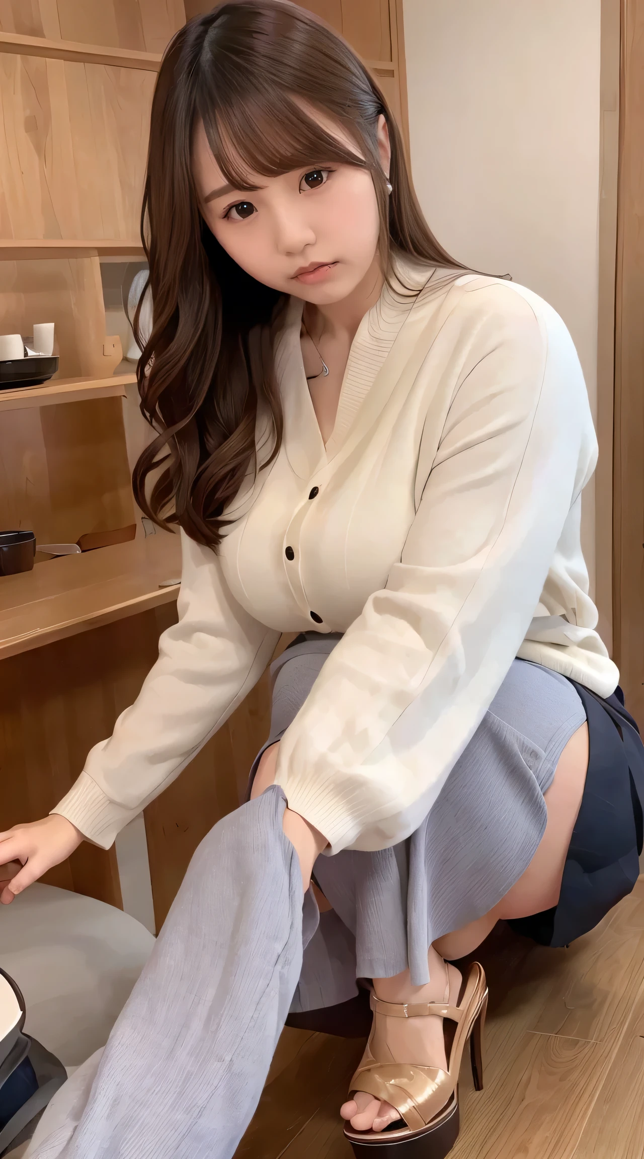 Japanese ID, Mature Woman, ((Chubby round face around 40 years old)),  Wavy black hair with no bangs, Medium Long Hair, ponytail, Flashy makeup, Fuller lips, Sexy Gaze, uniform, ((dressing)), looking at the camera, Low angle shooting, Cute duck lips,((Very accurate and correct anatomy)),  (masterpiece:1.3), Perfect proportions, Realistic photos, Full Shot, whole body, (height: 148cm), High heels, Raw quality