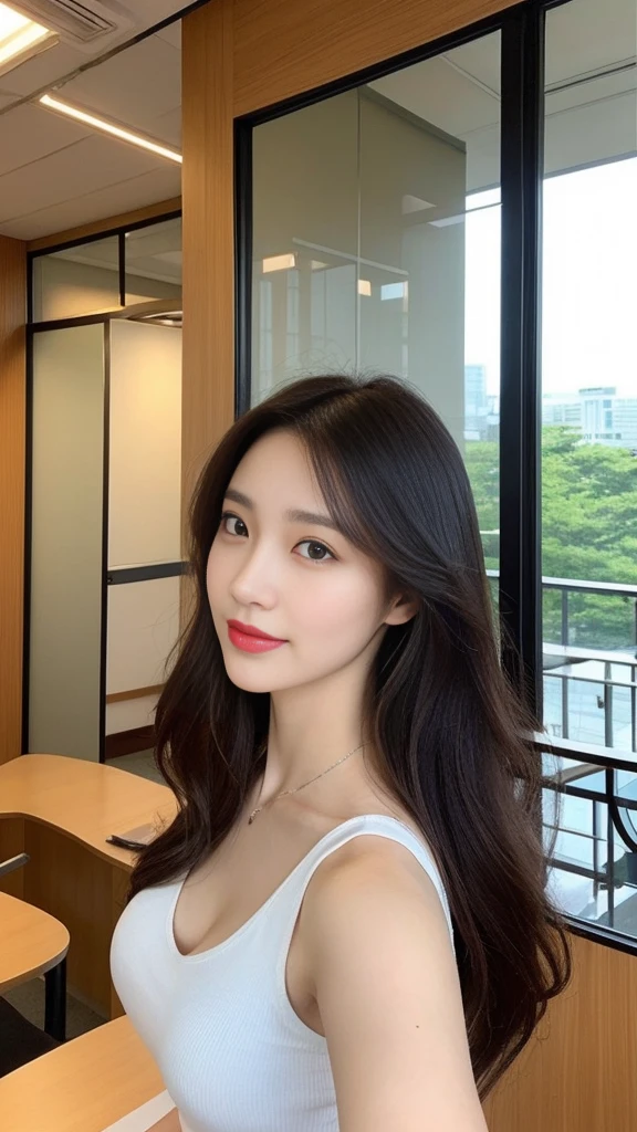 Tall and slender、beauty in a suit、big 、tank top、cool beauty、career woman、Japan is so beautiful、building,office room,window