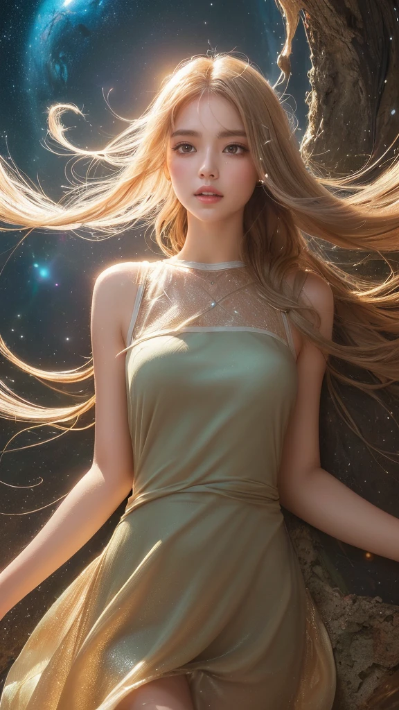 (In 8K, Highest quality, Tabletop, Ultra-high resolution, High quality face:1.5), (Lots of details), (Android in the form of a girl:1.3),(Realistic:1.4) (View from directly above:1.6), (Very white skin, Clear skin, Glowing Skin:1.4), Pin Spot Light, (The eyes are connected to the universe through high-performance lens eyes. Long eyelashes:1.5), Shiny, wig hair, Duck mouth, Gloss Lip, de luz, cute, fresh, ((Wear an earth-colored dress)), Earth water dripping, Scattered and Shining, spiral, Lighting by world-class AI creators, dream-like, Digital Art, universe space, no gravity, Swaying, Light and deep texture