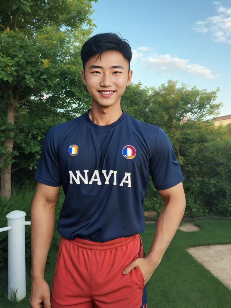 ((realistic daylight)) , Young Korean man in only a black sports shirt, no stripes, and jeans., A handsome, muscular young Asian man looks at the camera.  , In a computer shop ,turn sideways, smile