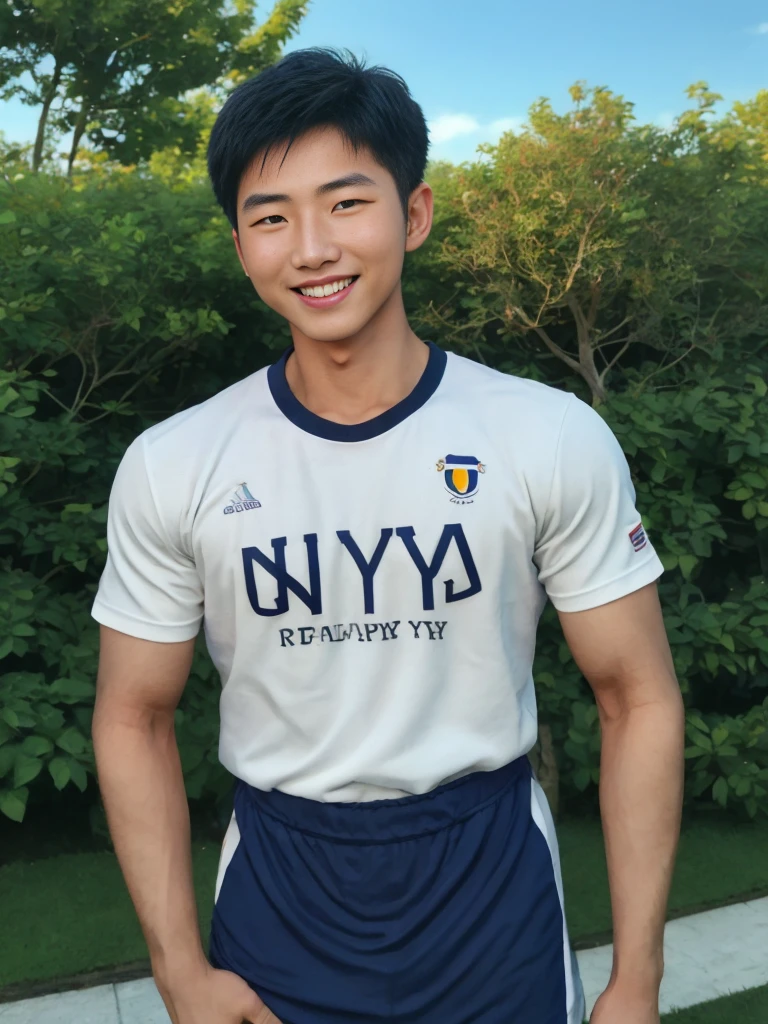 独奏: 1.5, (As a matter of fact, Masterpiece, 8k HD, good light quality, sportswear, fit the face, complicated details), A handsome, muscular young Korean man. , 20 years old, be happy, smile brightly, detailed face, delicate eyes, มองดูsky, Wear a navy tight T-shirt.:1.6, period, black eyes, Black hair color, ผมsmooth, smooth, outdoor sports, Along the garden, Sunny,sky,Surreal,Awesome details,Highest quality,real,Open your mouth to talk. , Close your eyes.