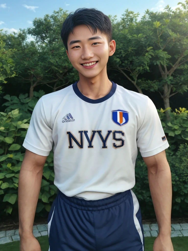独奏: 1.5, (As a matter of fact, Masterpiece, 8k HD, good light quality, sportswear, fit the face, complicated details), A handsome, muscular young Korean man. , 20 years old, be happy, smile brightly, detailed face, delicate eyes, มองดูsky, Wear a navy tight T-shirt.:1.6, period, black eyes, Black hair color, ผมsmooth, smooth, outdoor sports, Along the garden, Sunny,sky,Surreal,Awesome details,Highest quality,real,Open your mouth to talk. , Close your eyes.
