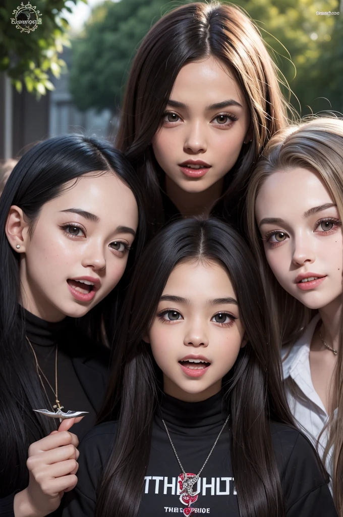 A teenager with a surprised face, with wide eyes and open mouth, holding a vampire tooth in your hand.
Ao fundo, we see a group of teenage vampires, each with a different style, looking at the girl with a mischievous smile.
A speech bubble above the girl's head says: "Which vampire bit you?"
The title "Which vampire bit you?" is written in large, colorful letters at the top of the cover