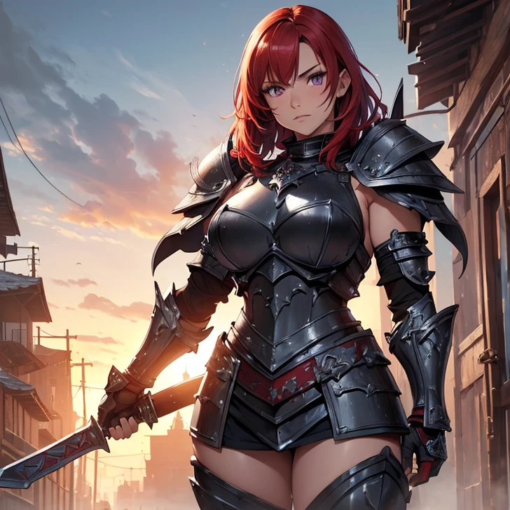 (absurdres, high fantasy artwork, best high quality image, carefuly detailed, very detailed features and textures)
{{1character: 17 years old barbarian girl, (scarlet red red short hair), (purple eyes with black pupils), (very thin lips, white skin), (she wears: full bulky heavy knight armor, full plate helmet, full bulky shoulder plates, full armored bulky armored breast plate armor, full gauntlets plates, full armored elbow plates, full armored hip plates, full plate boots), (her weapon: big broad sword), (she looks: Confident pose, very serious face, no sense of humor), (Scenery: medieval irish street celtic forniture)}}