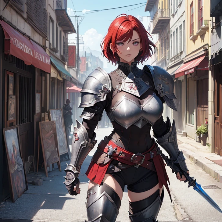 (absurdres, high fantasy artwork, best high quality image, carefuly detailed, very detailed features and textures)
{{1character: 17 years old barbarian girl, (scarlet red red short hair), (purple eyes with black pupils), (very thin lips, white skin), (she wears: full bulky heavy knight armor, full plate helmet, full bulky shoulder plates, full armored bulky armored breast plate armor, full gauntlets plates, full armored elbow plates, full armored hip plates, full plate boots), (her weapon: big broad sword), (she looks: Confident pose, very serious face, no sense of humor), (Scenery: medieval irish street celtic forniture)}}