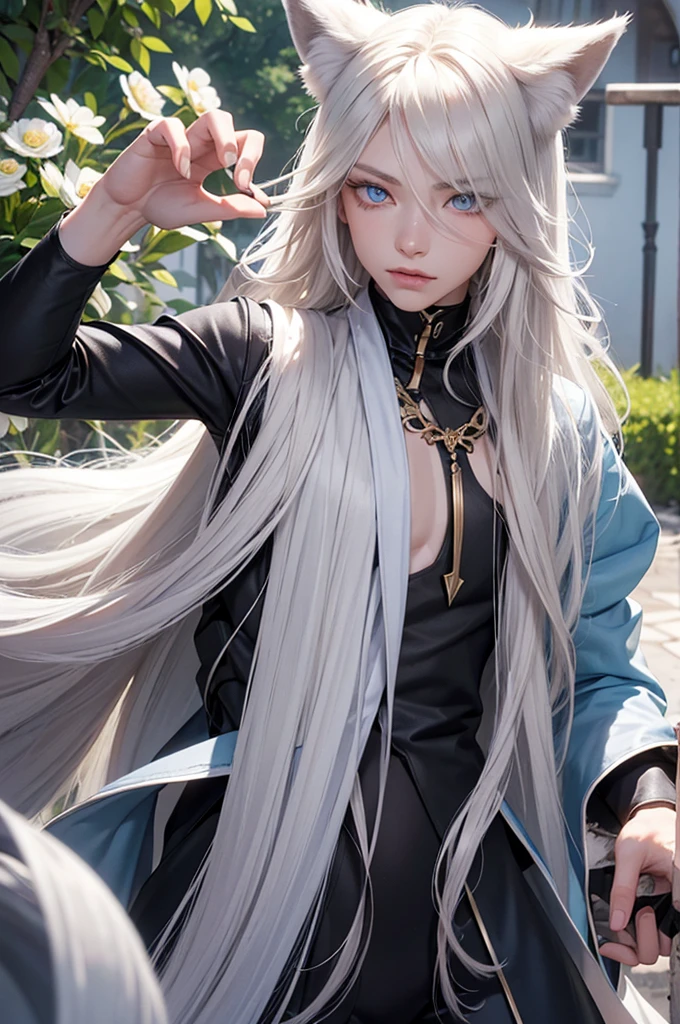 Androgynous young man, very long wavy blond hair, tight-fitting clothing, kemonomimi, fox ear, fox tail, different-colored eyes, light-colored eyes, long eyelashes, looking at camera, close-up portrait, man, garden, flower, one gray eye and one blue eye, bare torso.