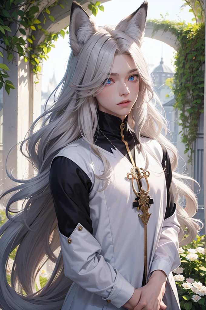 Androgynous young man, very long wavy blond hair, tight-fitting clothing, kemonomimi, fox ear, fox tail, different-colored eyes, light-colored eyes, long eyelashes, looking at camera, close-up portrait, man, garden, flower, one gray eye and one blue eye, bare torso.