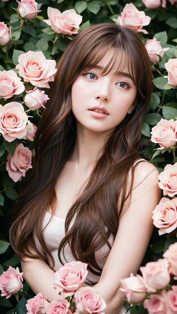 beautiful European woman, really has a European face. has wavy hazel brown hair and parted bangs. sharp sea blue eyes, sharp nose, soft pink lips, and slim has white skin, thick straight eyebrows, is sleeping in a pile of pink roses, is tied by a chain and his hands are also tied and bleeding.then add effects