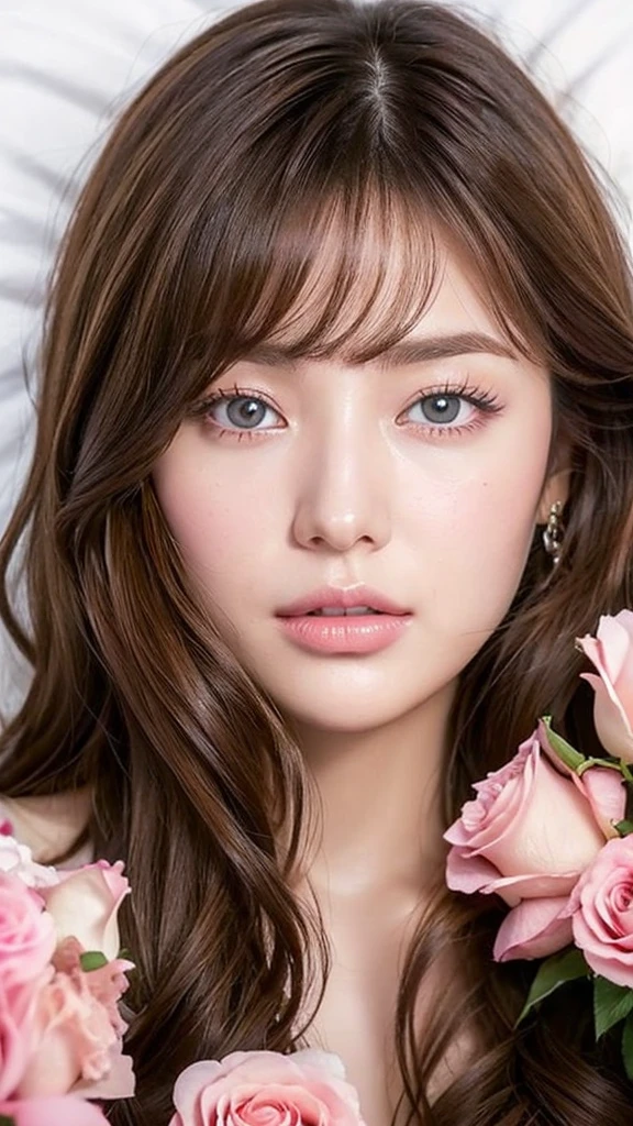 beautiful European woman, really has a European face. has wavy hazel brown hair and parted bangs. sharp sea blue eyes, sharp nose, soft pink lips, and slim has white skin, thick straight eyebrows, is sleeping in a pile of pink roses, is tied by a chain and his hands are also tied and bleeding.then add effects