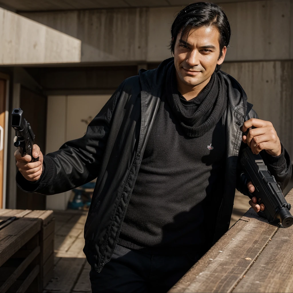  The image shows a man with black hair and a smirk, holding a gun. He appears to be in a state of excitement or anticipation.