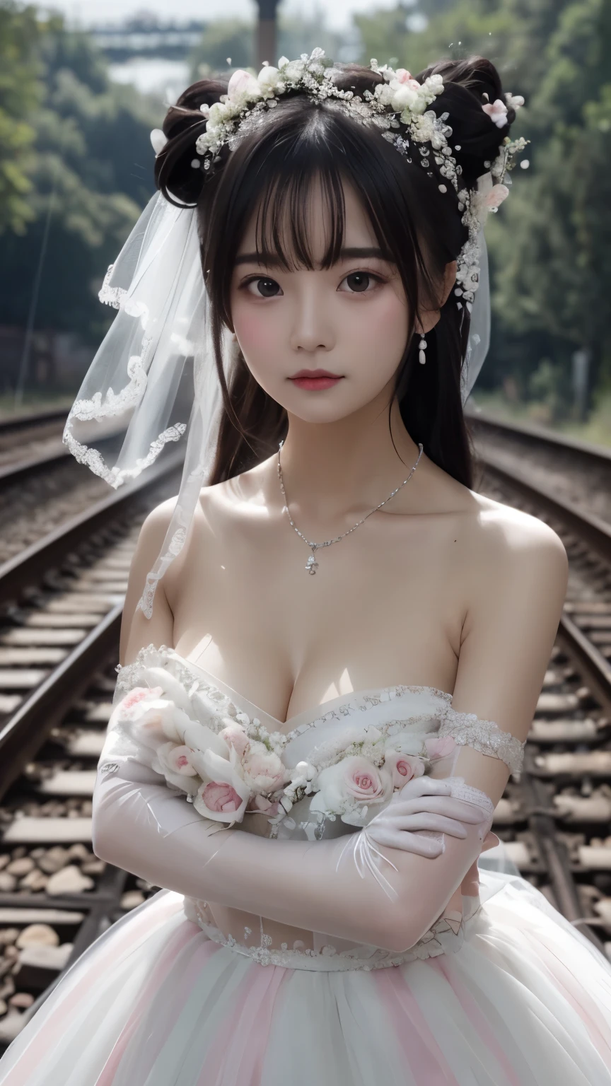 (((Pixel Perfect, Perfect details))), Solitary, 1 girl，bride, Yuigahama Yui， Keep your mouth shut，pink glossy lips,穿著bride禮服的特写,Gulwitz, (((bride頭紗)))，（Transparent short veil），blush，Eyeshadow，Blushing face，Flower head，headgear，((Bouquet))，((((tube top wedding dress))))，(((Strapless Wedding Dress))),(Bare shoulders)，Pure white dress，(((necklace)))，((earrings))，(large breasts:1.3)，Bangs，Lipstick，((White long elbow gloves)),Half-length photo,High Detail RAW Color Art,White long skirt,There is a railway track next to it，(standing on the railroad tracks:1.3),18 years old, （Long twin tails：1.5）,(Double bun:1.5), Black Hair,night,Rainy Day