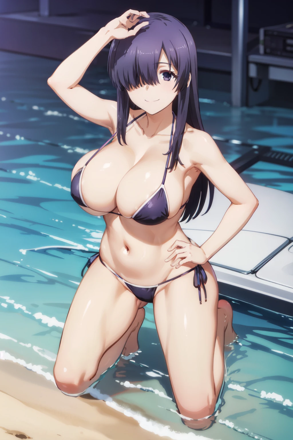 (((perfect, detail-perfect))), solo, 1girl, ayase ayatsuji, hair over one eye, bikini, looking at viewer, smile, big breast, full body