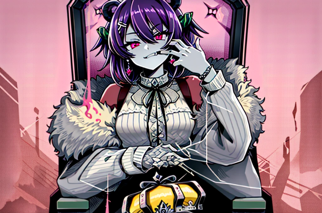 king, looking at viewer, holding, jewelry, earrings, bracelet, crown, throne, masterpiece, SFW, safe, hires, absurdres, purple hair, short hair, wavy hair, fluffy hair, ahoge, devil horns, magenta eyes, pink eyes, pale skin, 1 fang, 1fang, fang, wings, demon wings, beauty mark, bear ears, kemonomimi, bear girl, demon girl, wavy bangs, bangs, 1girl, solo, alone, flat chest, small breasts, demon horns, baggy clothes, fully clothed, covered chest, demon tail, bear tail, swept bangs, wispy bangs, bags under eyes, purple bear ears, eyeliner, emo, alternative fashion, streetwear, street fashion, half closed eyes, half-closed eyes, lidded eyes, bored, smiling, smile, fanged smile, sleepy, friendly, shy, purple, no ears, devil horns, demon horns, young, chains, accessories, (masterpiece, best quality:1)