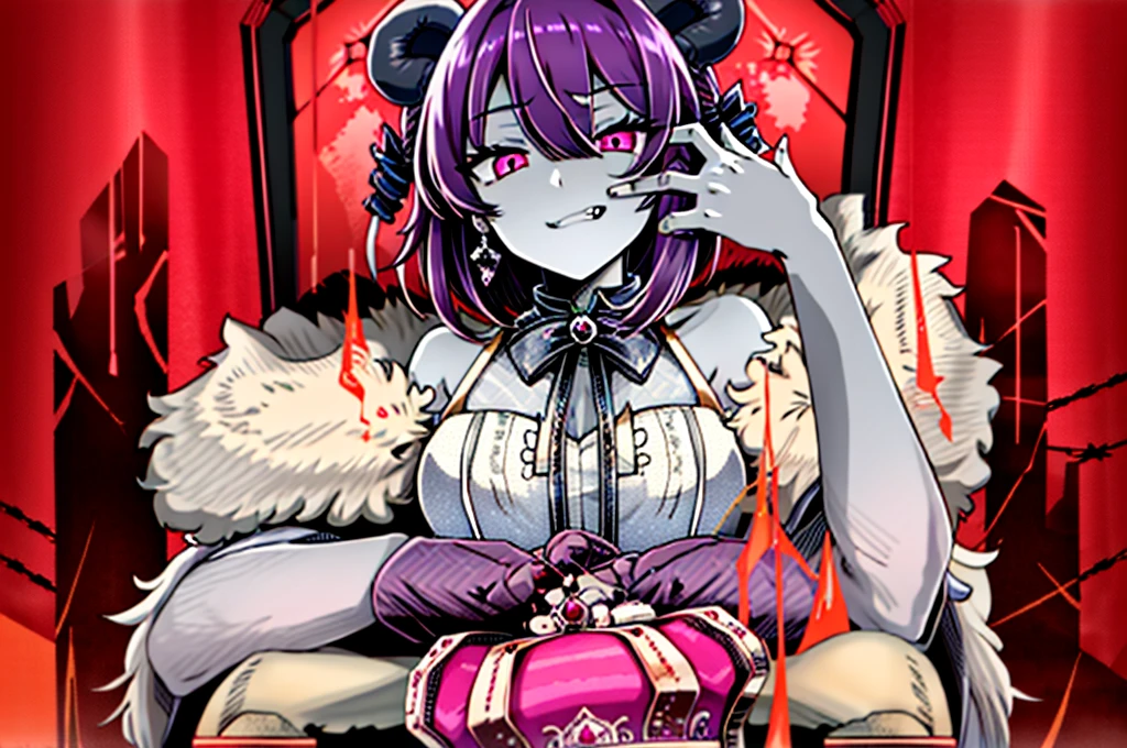 king, looking at viewer, holding, jewelry, earrings, bracelet, crown, throne, masterpiece, SFW, safe, hires, absurdres, purple hair, short hair, wavy hair, fluffy hair, ahoge, devil horns, magenta eyes, pink eyes, pale skin, 1 fang, 1fang, fang, wings, demon wings, beauty mark, bear ears, kemonomimi, bear girl, demon girl, wavy bangs, bangs, 1girl, solo, alone, flat chest, small breasts, demon horns, baggy clothes, fully clothed, covered chest, demon tail, bear tail, swept bangs, wispy bangs, bags under eyes, purple bear ears, eyeliner, emo, alternative fashion, streetwear, street fashion, half closed eyes, half-closed eyes, lidded eyes, bored, smiling, smile, fanged smile, sleepy, friendly, shy, purple, no ears, devil horns, demon horns, young, chains, accessories, (masterpiece, best quality:1)