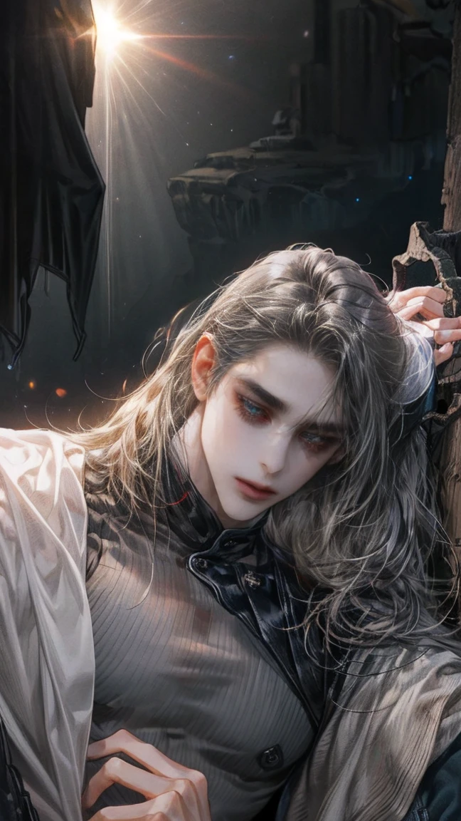 One man, handsome, emo, very long hair, black hair, high pony tail hairstyle, messy hair, tight crop top, waisted ripped jeans, very dark atmosphere, little bit of sunlight, depressed, expressionless, gray eyes, manly, muscular, manly, masculine