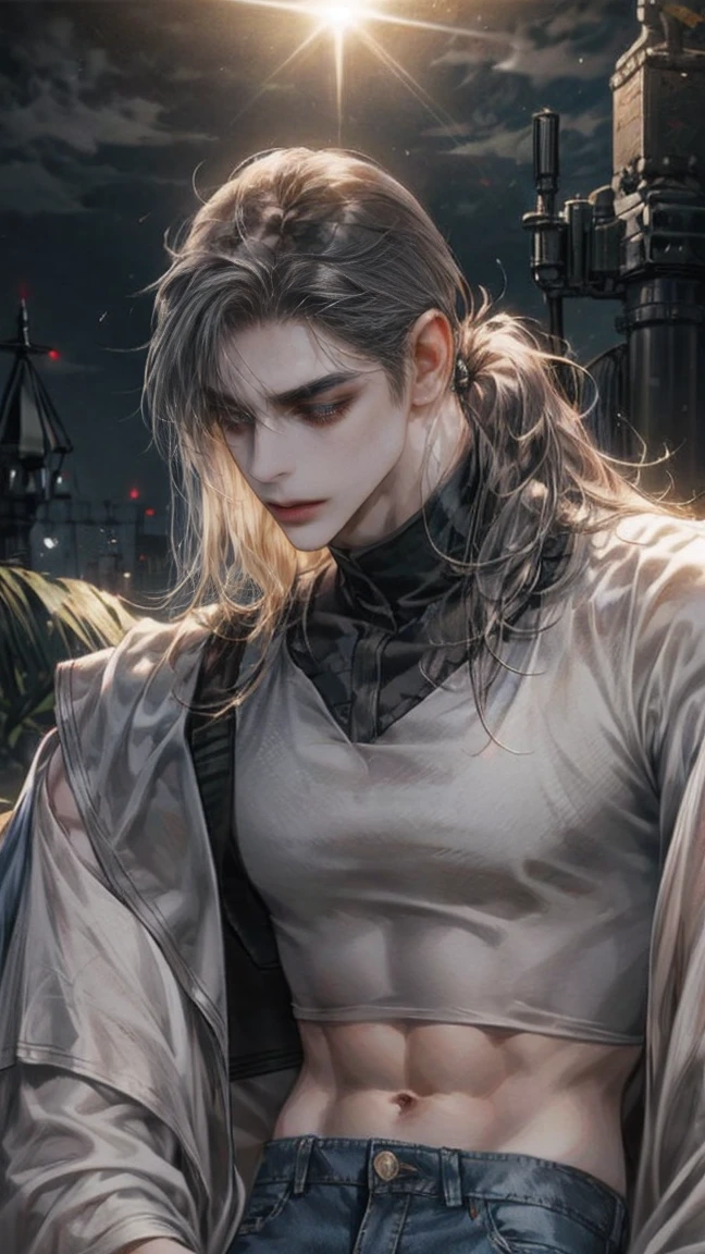 One man, handsome, emo, very long hair, black hair, high pony tail hairstyle, messy hair, tight crop top, waisted ripped jeans, very dark atmosphere, little bit of sunlight, depressed, expressionless, gray eyes, manly, muscular, manly, masculine