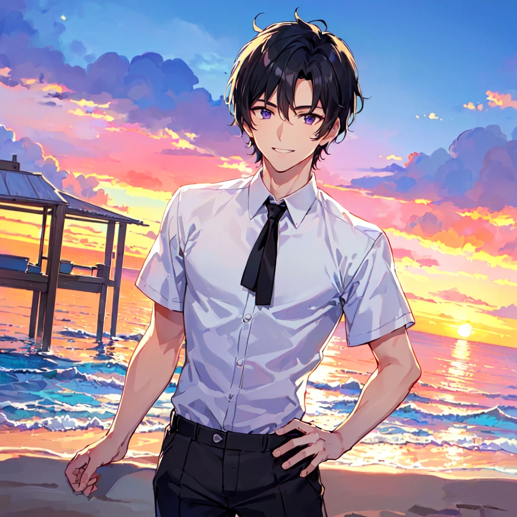 masterpiece,best quality,high quality,(1 male austere handsome solo adult age 30 years old:1.5), purple eyes, cool with suspended eyes, V-shaped eyebrows, body strong and fearless 8.5 head tall, height 185cm, (well-groomed black short hair down to neck:1.4), (bangs 7 thirds parted:1.4), slender nose, facial muscles, throat, (short-sleeved shirt and pants:1.3), (eating with soft ice cream), (stylish pose), (cool smile:1.3), (background ocean beach:1.3), (sunset:1.3)