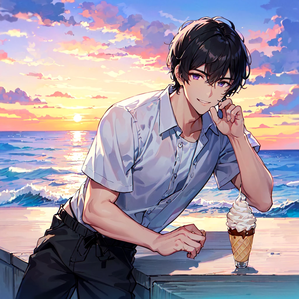 masterpiece,best quality,high quality,(1 male austere handsome solo adult age 30 years old:1.5), purple eyes, cool with suspended eyes, V-shaped eyebrows, body strong and fearless 8.5 head tall, height 185cm, (well-groomed black short hair down to neck:1.4), (bangs 7 thirds parted:1.4), slender nose, facial muscles, throat, (short-sleeved shirt and pants:1.3), (eating with soft ice cream), (stylish pose), (cool smile:1.3), (background ocean beach:1.3), (sunset:1.3)