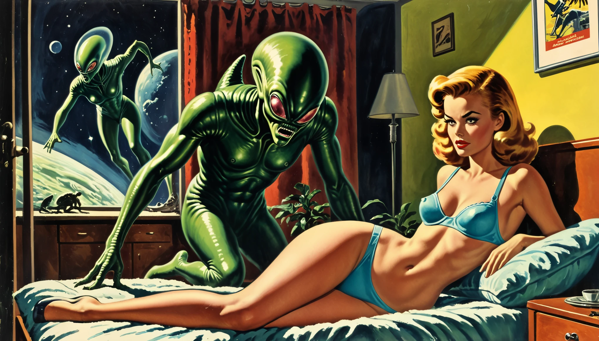 ((alien abduction in dormitory, alien sex scenes, alien semen, girls in underwear, strange devices, claws)) Mort Kunstler, Norman Saunders, Basil Gorgos, Frank Frazetta, Wally Wood, Bernie Wrightson, Mexican Fumetti style, 50s 60s aesthetic, Men's action magazine aesthetic, very vintage retro, lurid and vivid colors, soft lighting, medium contrast, HD, 8x, intricately detailed, action magazine, vintage EC horror comics,, ((ADD BOOK TITLE, FONTS: ALIEN ADUBDUCTORS IN LOVE))