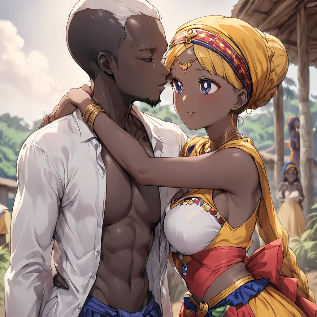 ((Highest quality)), ((masterpiece)), (detailed), （Perfect Face）、The woman is a Ghanaian born Tsukino Usagi with a vivid dark skin, black by birth, and is wearing a colorful Ghanaian dress from a Ghanaian village, a colorful turban head scarf, gorgeous jeweled accessories, and an engagement ring.、The woman is the elegant Tsukino Usagi, with her short black afro hair tied up in a Ghana braid, wearing a colorful Ghanaian dress and a colorful turban head scarf, with vibrant dark brown skin, a natural-born black person, and a natural-born Ghanaian, Tsukino Usagi.、（The woman is a black Ghanaian with vivid dark brown skin.）、A woman and a man are getting married in a village in Ghana, embracing each other and kissing each other in a vow ceremony.、The man is a dignified, bearded, elderly Ghanaian man in Ghanaian national dress, a village elder.、A woman marries an elder man and becomes his third wife.