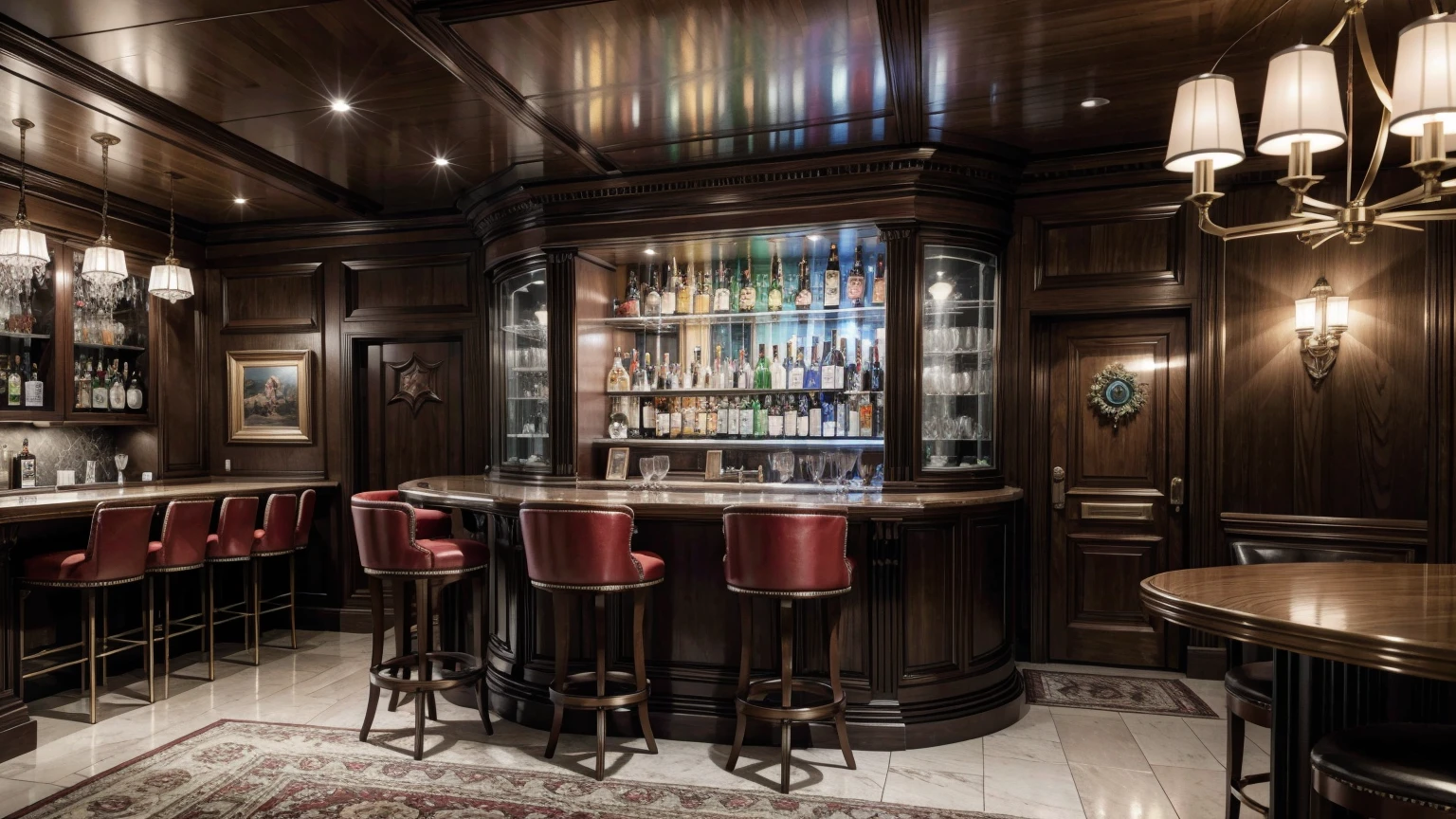 create an ultra-high definition, hyper-realistic, highly detailed, high quality image with sharp focus, professional lighting, vivid colors and intricate details, representing in detail a Pub modern, bar area with high stools, displaying a selection of spirits, shelf with drinks, meticulously capturing every intricate detail. utilize state-of-the-art deep learning models and adjust parameters according to quality metrics such as structural similarity (SSIM) and perceptual loss to create an indistinguishable image from a high-quality real photograph, sharp focus Fujifilm XT3, professional lighting, vivid colors, intricate details, film grain, realistic painting art Fujifilm XT3, f5.6, physically based rendering, natural lighting, cinematic lighting, dramatic lighting, professional, dynamic motion, colorful lighting, colors vibrant, studio lighting, professional photography, cinematic compositing, symmetrical framing, landscape, (best quality,4k,8k,16k,Highest,masterpiece:1.2),(realistic,photorealistic,photo-realistic:1.37), (extremely detailed CG unit, 16k wallpaper), 16k UHD, 16k HDR, (ultra-high definition, hyper-realistic, highly detailed, high image quality, sharp focus, professional lighting, vivid colors and intricate details),