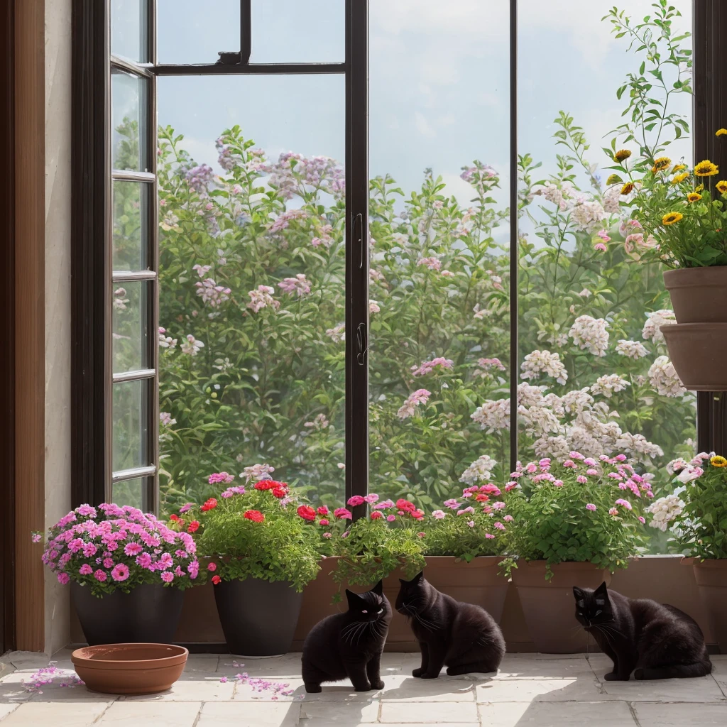 masterpiece, Best quality, ultra realistic image, ((кот ест Flowers on the windowsill)), flowers in a pot, Flowers on the windowsill, Black fluffy cat, fat cat, dropped a pot of flowers, dropped the flowerpot