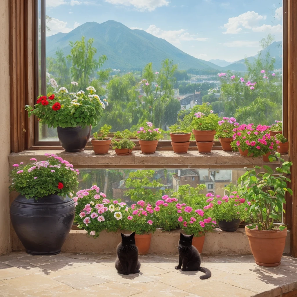 masterpiece, Best quality, ultra realistic image, ((кот ест Flowers on the windowsill)), flowers in a pot, Flowers on the windowsill, Black fluffy cat, fat cat, dropped a pot of flowers, dropped the flowerpot