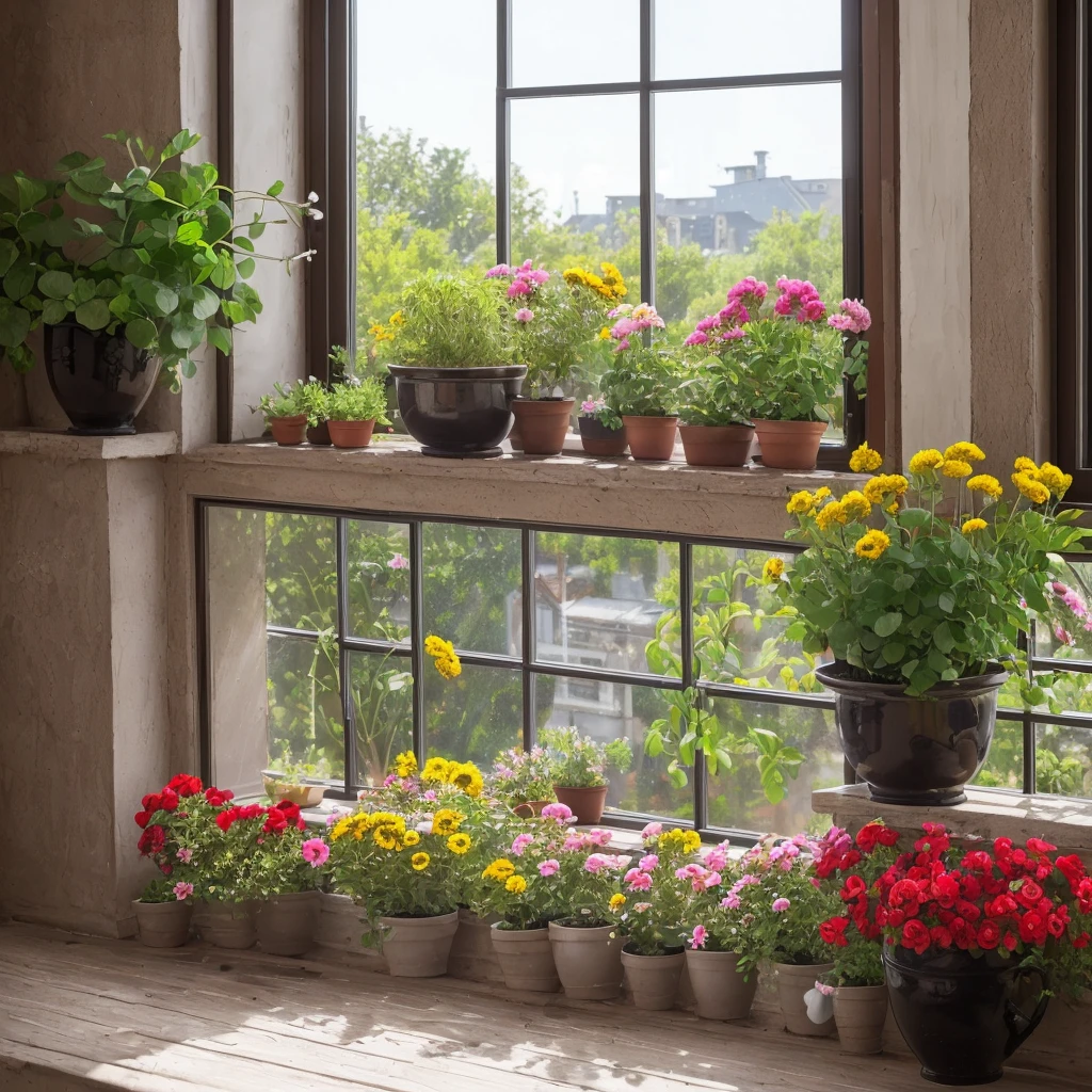 masterpiece, Best quality, ultra realistic image, ((кот ест Flowers on the windowsill)), flowers in a pot, Flowers on the windowsill, Black fluffy cat, fat cat, dropped a pot of flowers, dropped the flowerpot