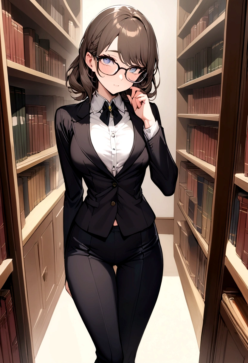 Slim brunette librarian with glasses, hair fringe, black smart trousers, lustful look in her eyes