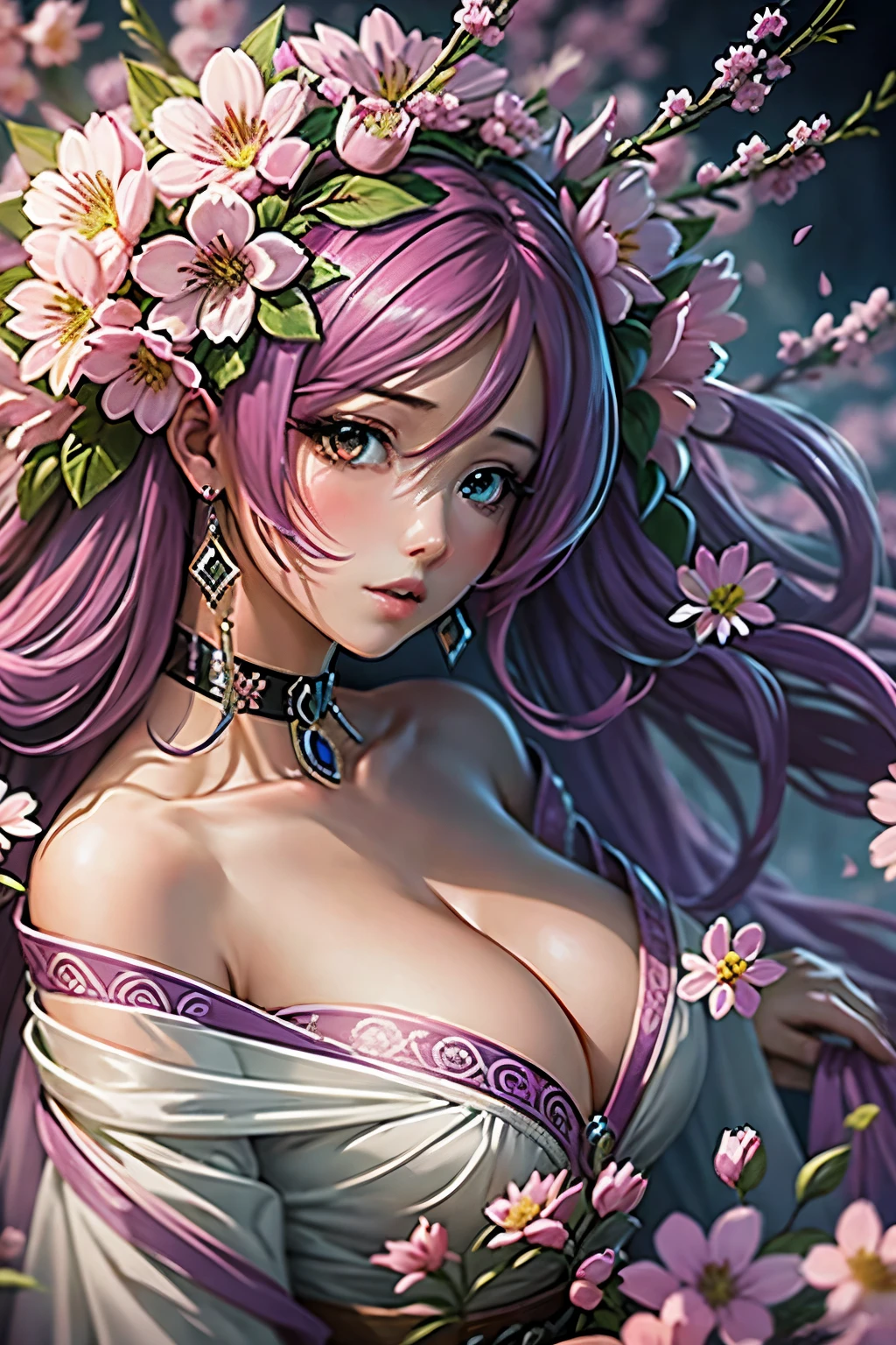 pink haired goddess,cherry blossom background,White gorgeous dress,dark atmosphere,golden eyes,Very sexy,masterpiece,very detailed,Sensational artwork