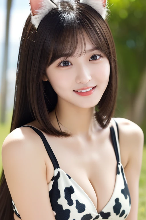 NFSW、masutepiece、​masterpiece、1 girl in、Straight front view、japanese、very young cute woman、(The cutest girl in the world,sitting on the beach)、15yo student、Smaller face、(droppy eyes,toothy smile,medium breasts、cleavage,slender waist,abs:1.25),(Cat ears:1.3), (Cow pattern bikini,half body shot:1.35),hyper cute face、shiny lip、Double eyelids in both eyes、 droppy eyes,natural make up、long eyeslashes、shiny smooth light brown hair、bangss、Short hair、asymmetrical bangs、image in center、8K resolution、high details、Detailed hairstyles、A detailed face、spectacular movie lighting、